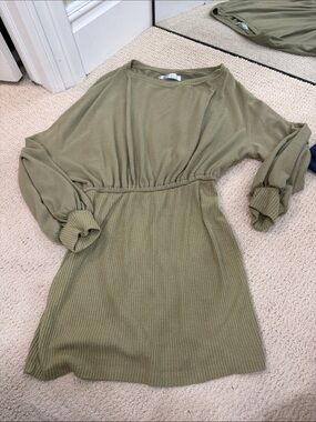 Free People Off Shoulder Olive Green Long Sleeve Knit Dress